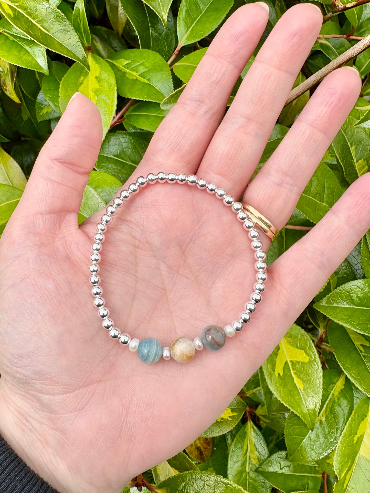 Sterling Silver Beaded Bracelet with Lemurian Aquatine Calcite & Freshwater Pearls