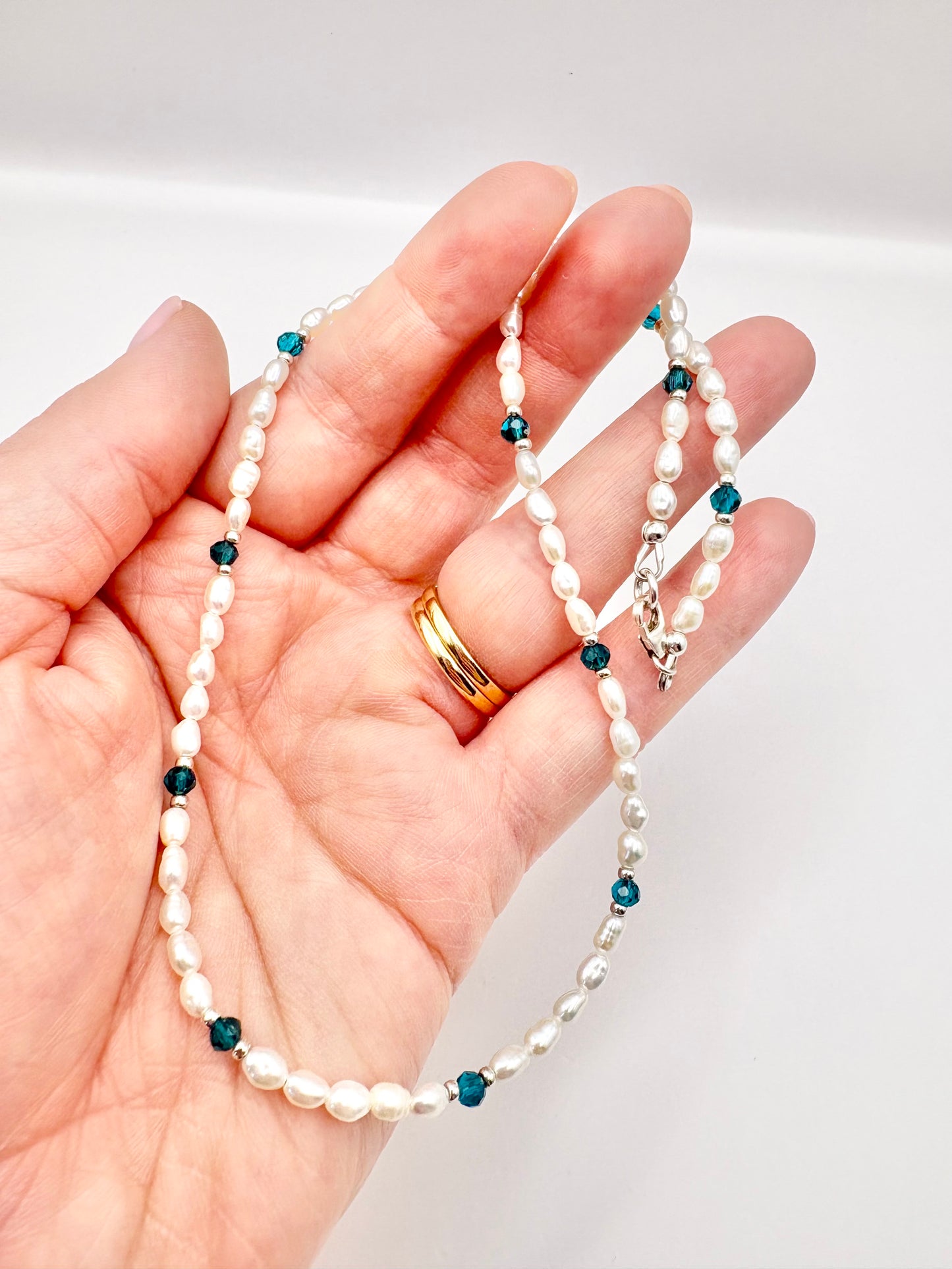Freshwater Pearl and Turquoise Crystal Necklace - Sterling Silver SALE