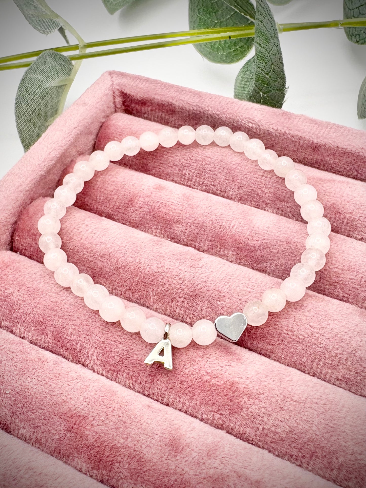 Handmade Rose Quartz Gemstone Bracelet with Initial and Heart Charm - Gold or Silver-Plated