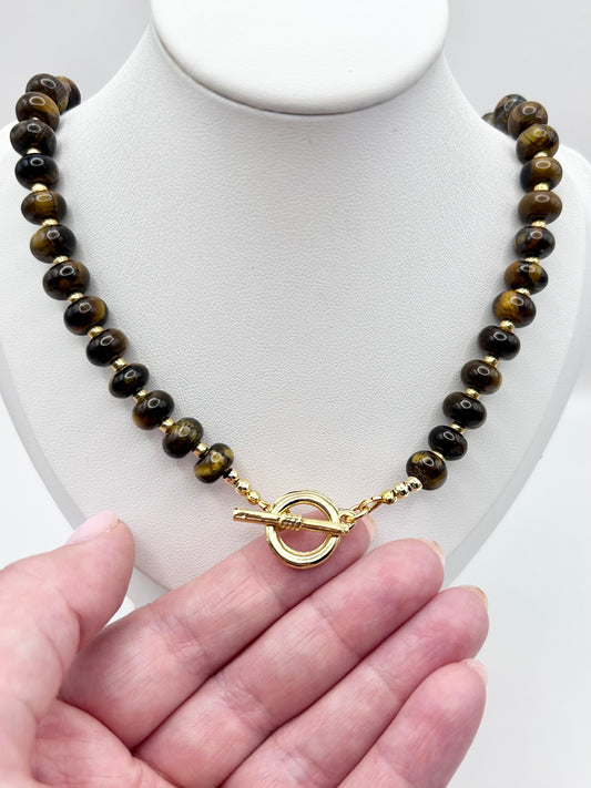 Tiger's Eye Rondelle Beaded Gemstone Necklace With Toggle Clasp - Gold-Plated
