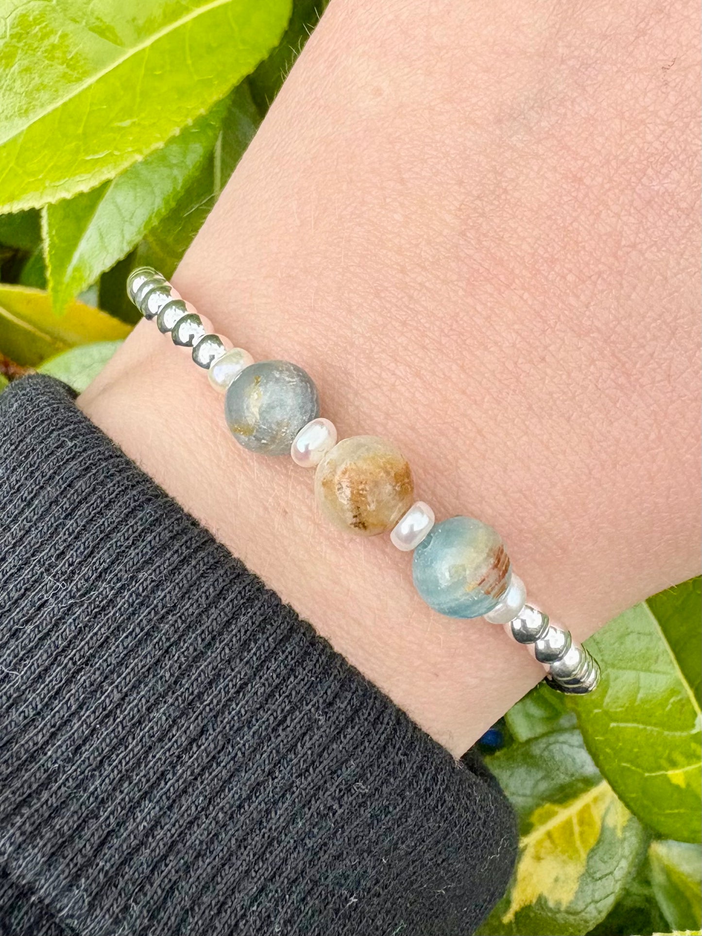 Sterling Silver Beaded Bracelet with Lemurian Aquatine Calcite & Freshwater Pearls