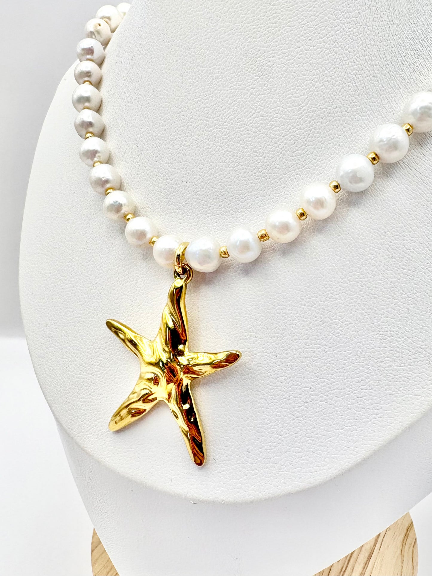 Starfish Charm Freshwater Pearl Necklace - Gold or Silver