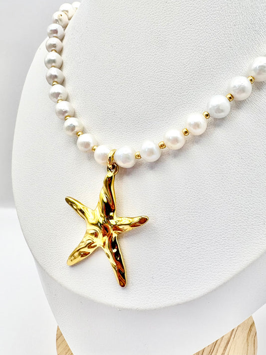 Starfish Charm Freshwater Pearl Necklace - Gold or Silver