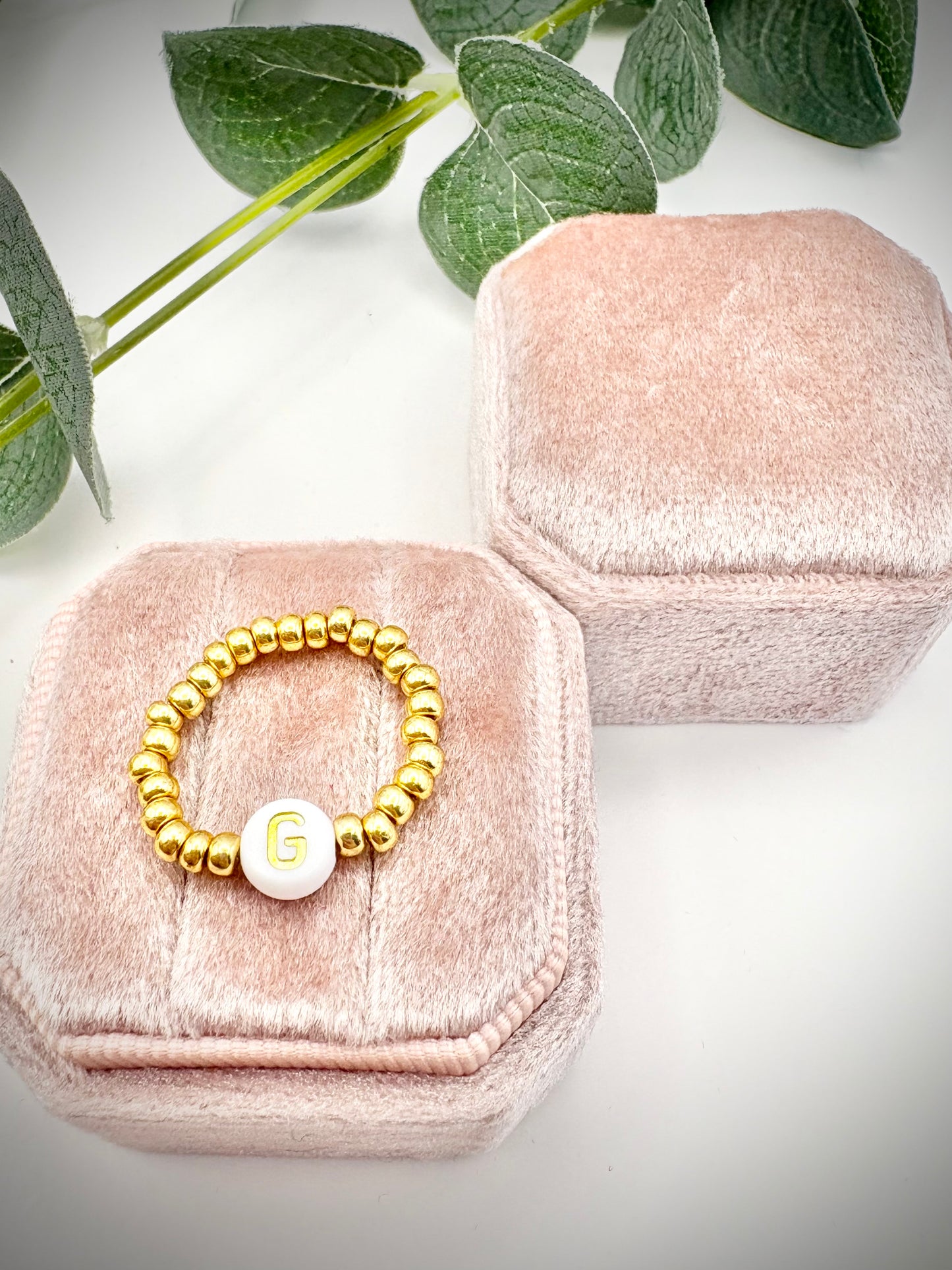 Seed Beaded Stretch Ring with Initial - Gold or Silver