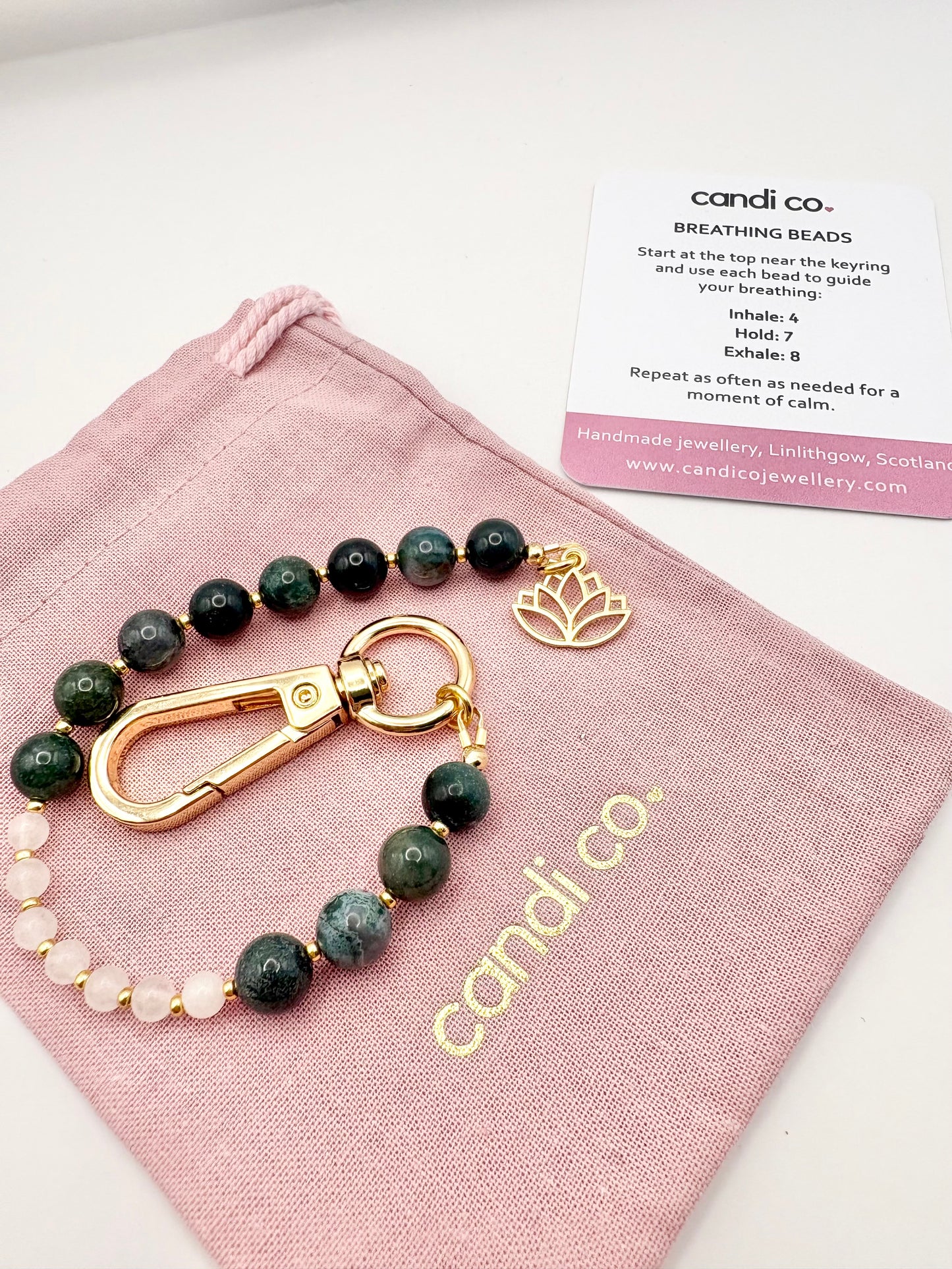 Breathing Beads Keyring - Green Moss Agate With White Jade