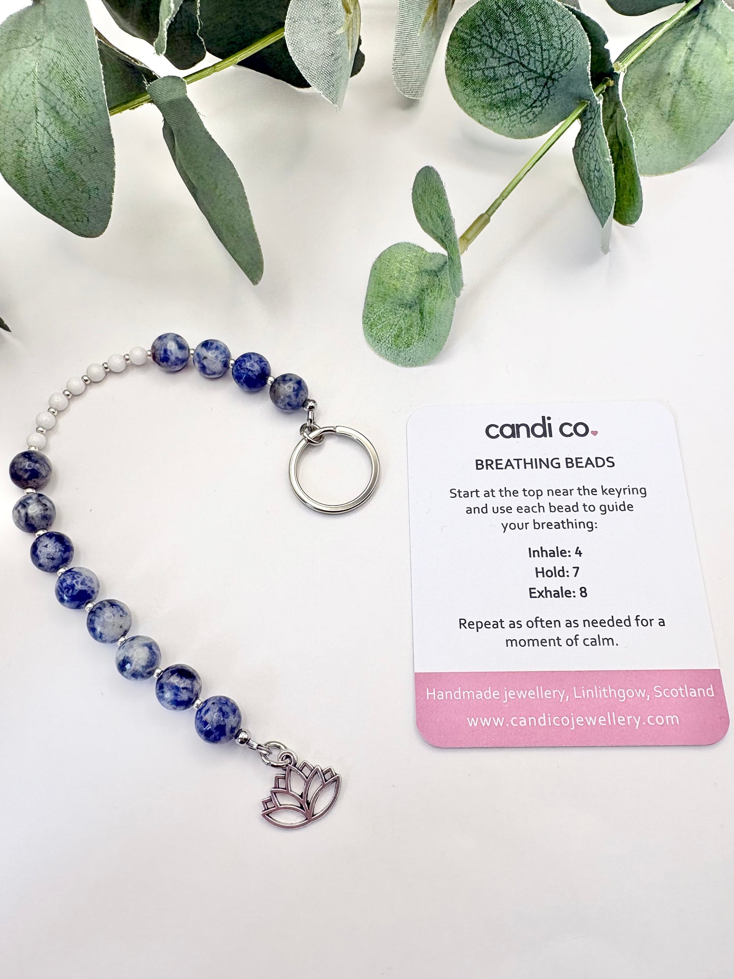 Breathing Beads Keyring - Blue Spot Jasper with White Malaysian Jade