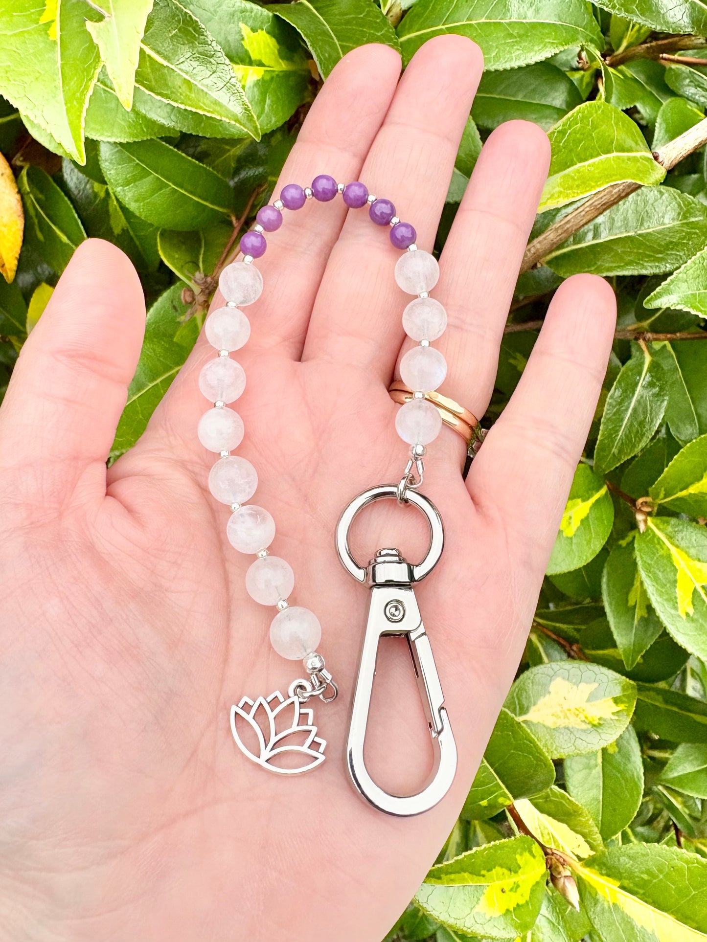 Breathing Beads Keyring - Moonstone With Purple Phosphosiderite