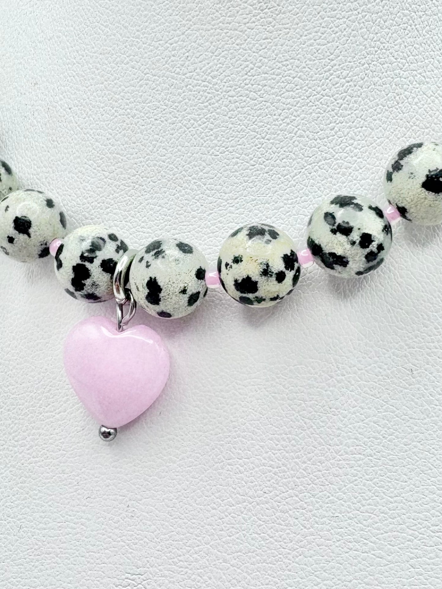 Dalmatian Jasper & Pink Heart Necklace