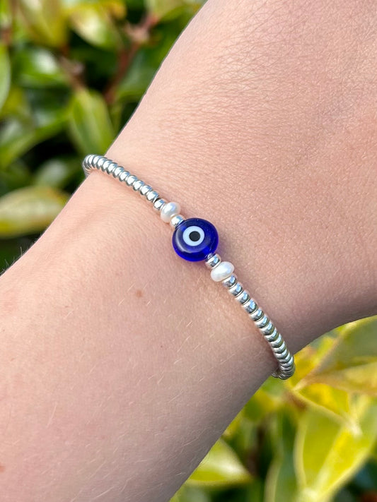 Seed Bead Evil Eye Freshwater Pearl Bracelet Gold or Silver-Plated