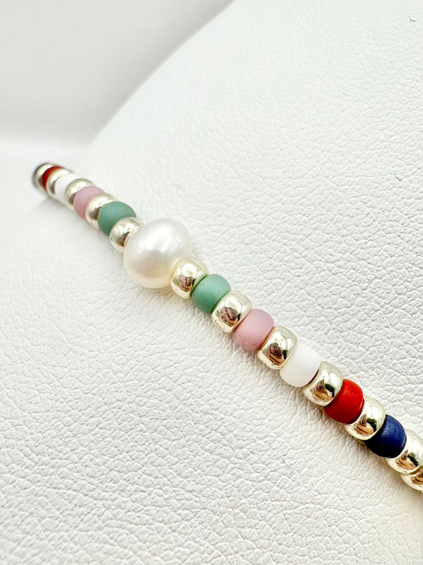 Colourful Seed Bead & Freshwater Pearl Bracelet - Silver