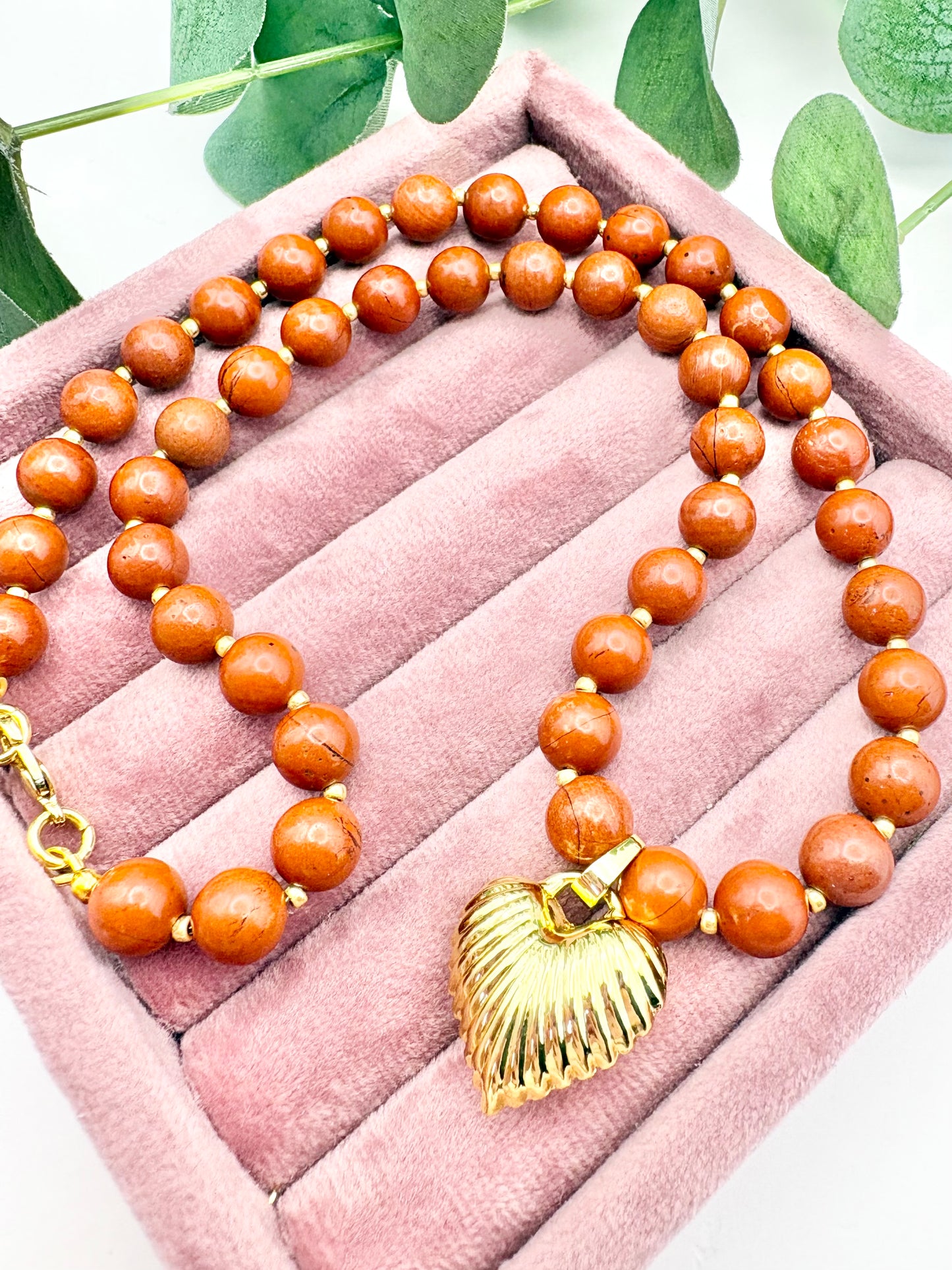 Red Gemstone and Puffy Heart Pendant Necklace