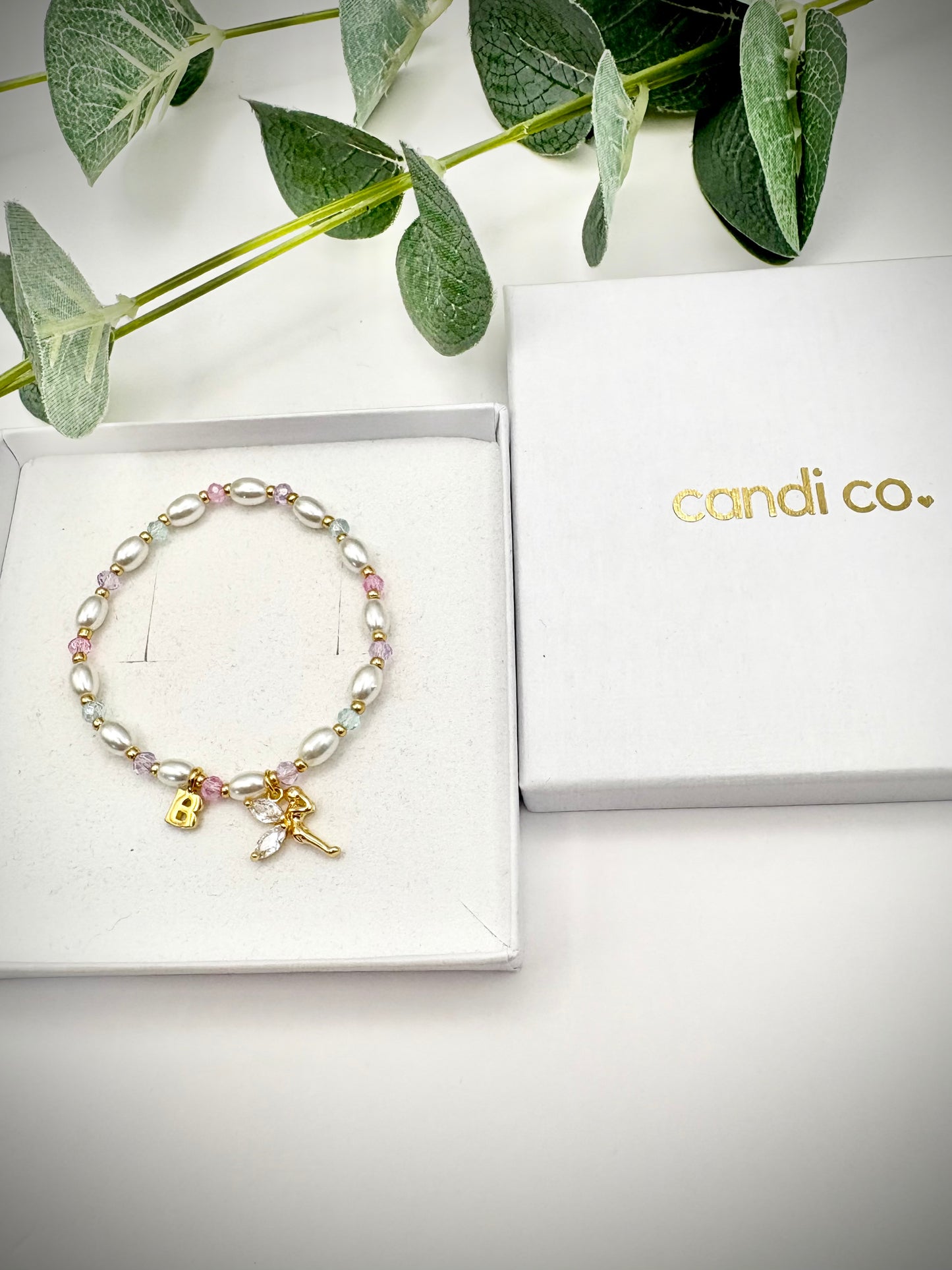 Personalised Glass Pearl & Crystal Fairy Bracelet Kids - Gold