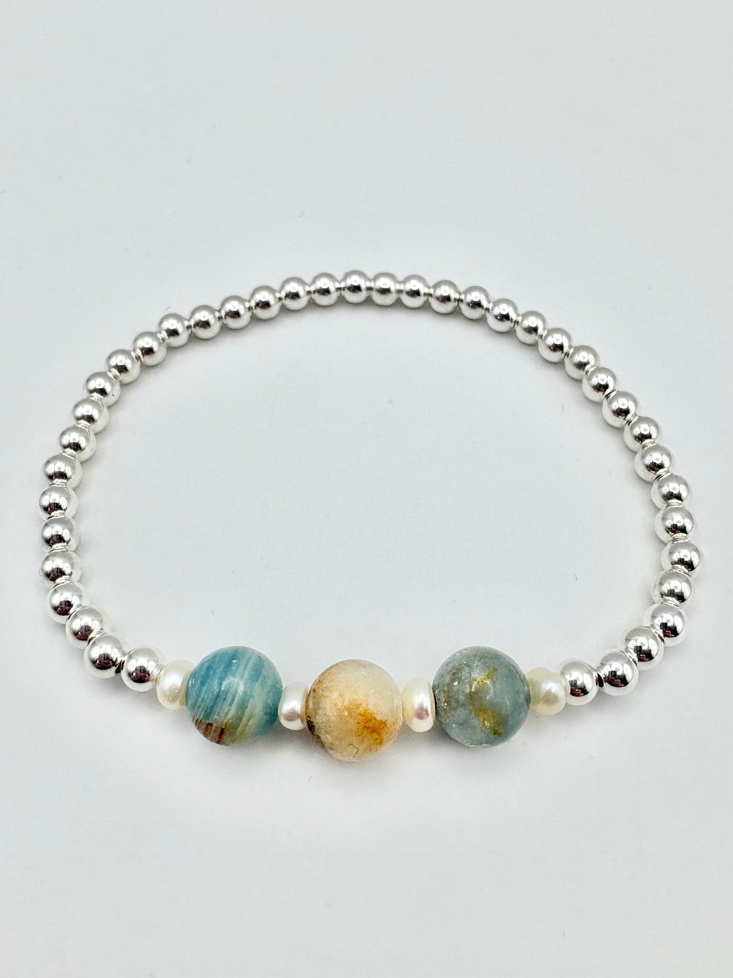 Sterling Silver Beaded Bracelet with Lemurian Aquatine Calcite & Freshwater Pearls