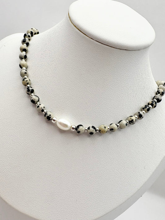 Dalmatian Jasper Gemstone With Freshwater Pearl Necklace - Sterling Silver or Plated