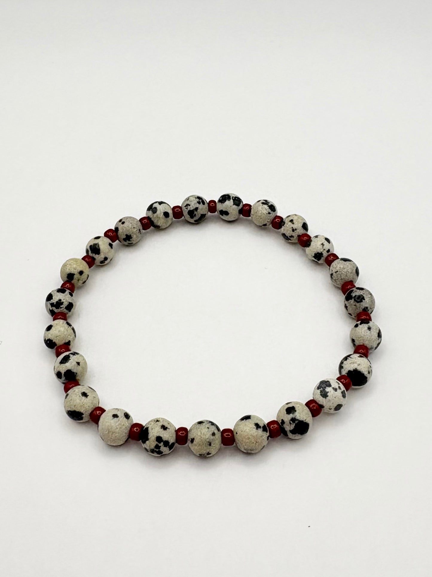 Dalmatian Jasper Gemstone and Burgundy Seed Beaded Bracelet