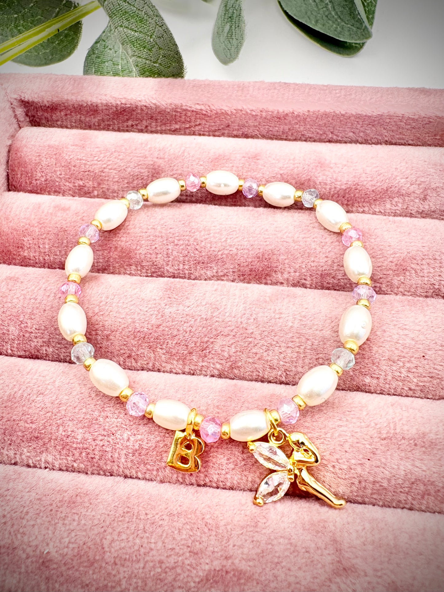 Personalised Glass Pearl & Crystal Fairy Bracelet Kids - Gold