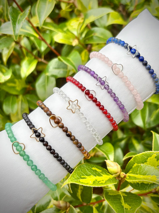 Handmade Gemstone Bracelet with Heart or Star Charm - Sterling Silver or Gold-filled