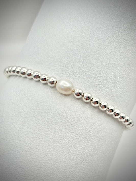 Freshwater Pearl 925 Sterling Silver 4mm Beaded Stretch Bracelet - Perfect For Stacking