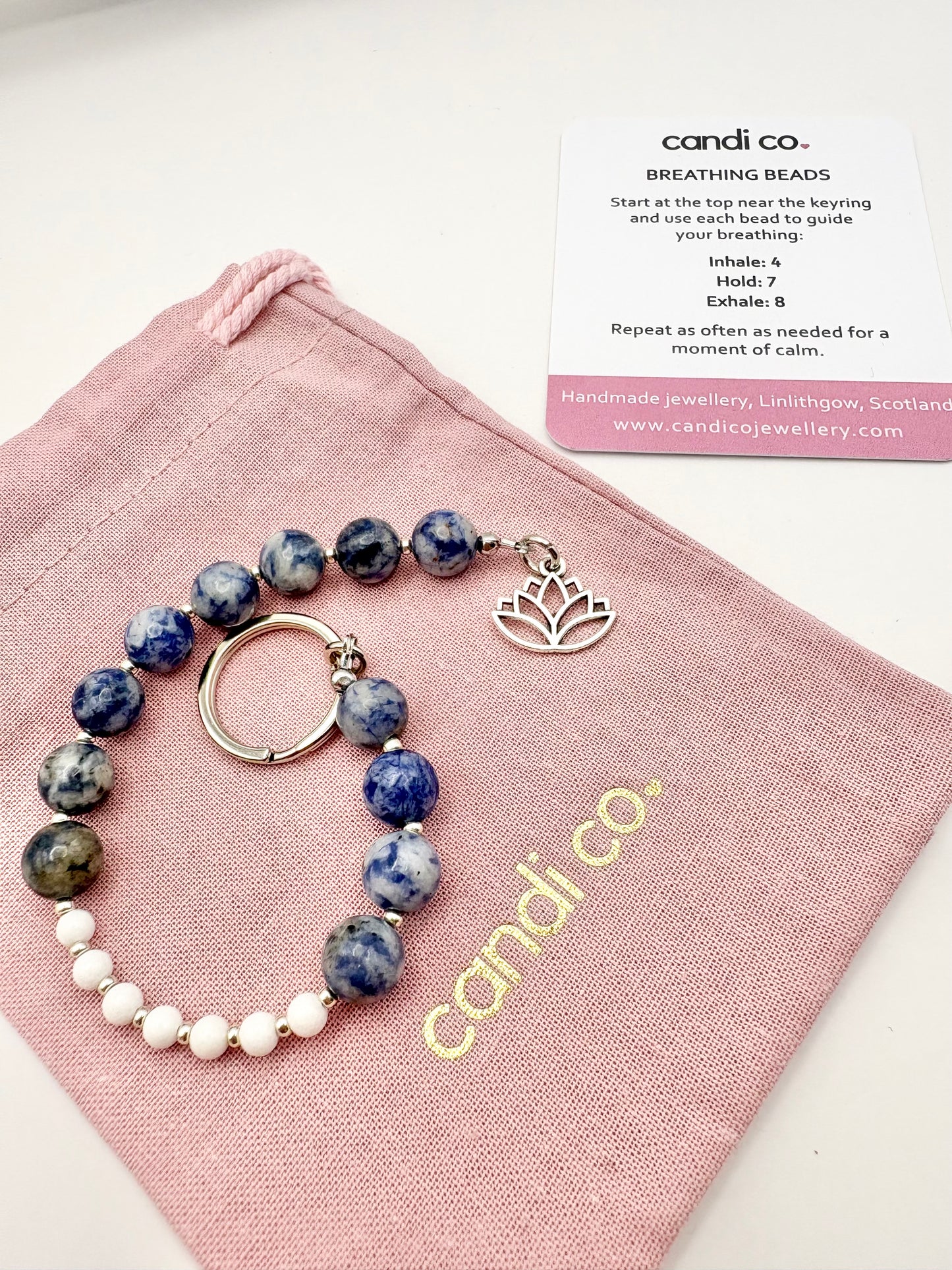 Breathing Beads Keyring - Blue Spot Jasper with White Malaysian Jade