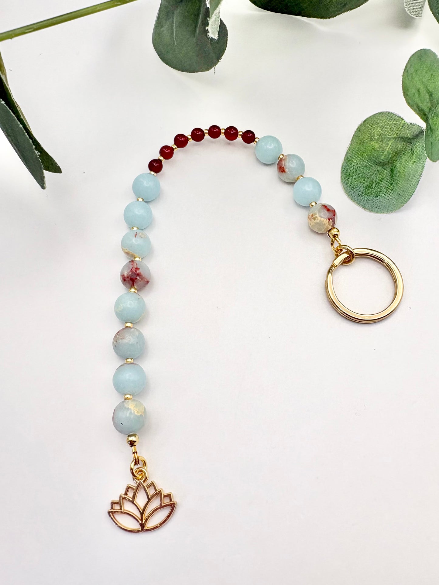 Breathing Beads Keyring - Aqua Terra Jasper With Carnelian