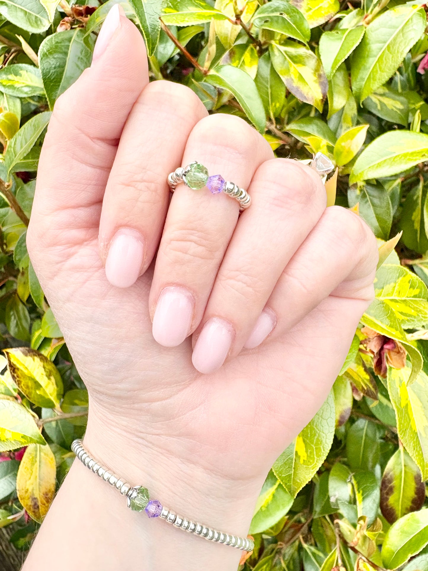 Thistle Seed Beaded Stretch Ring - Silver