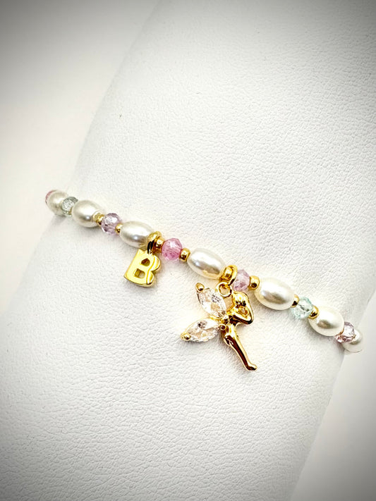 Personalised Glass Pearl & Crystal Fairy Bracelet Kids - Gold