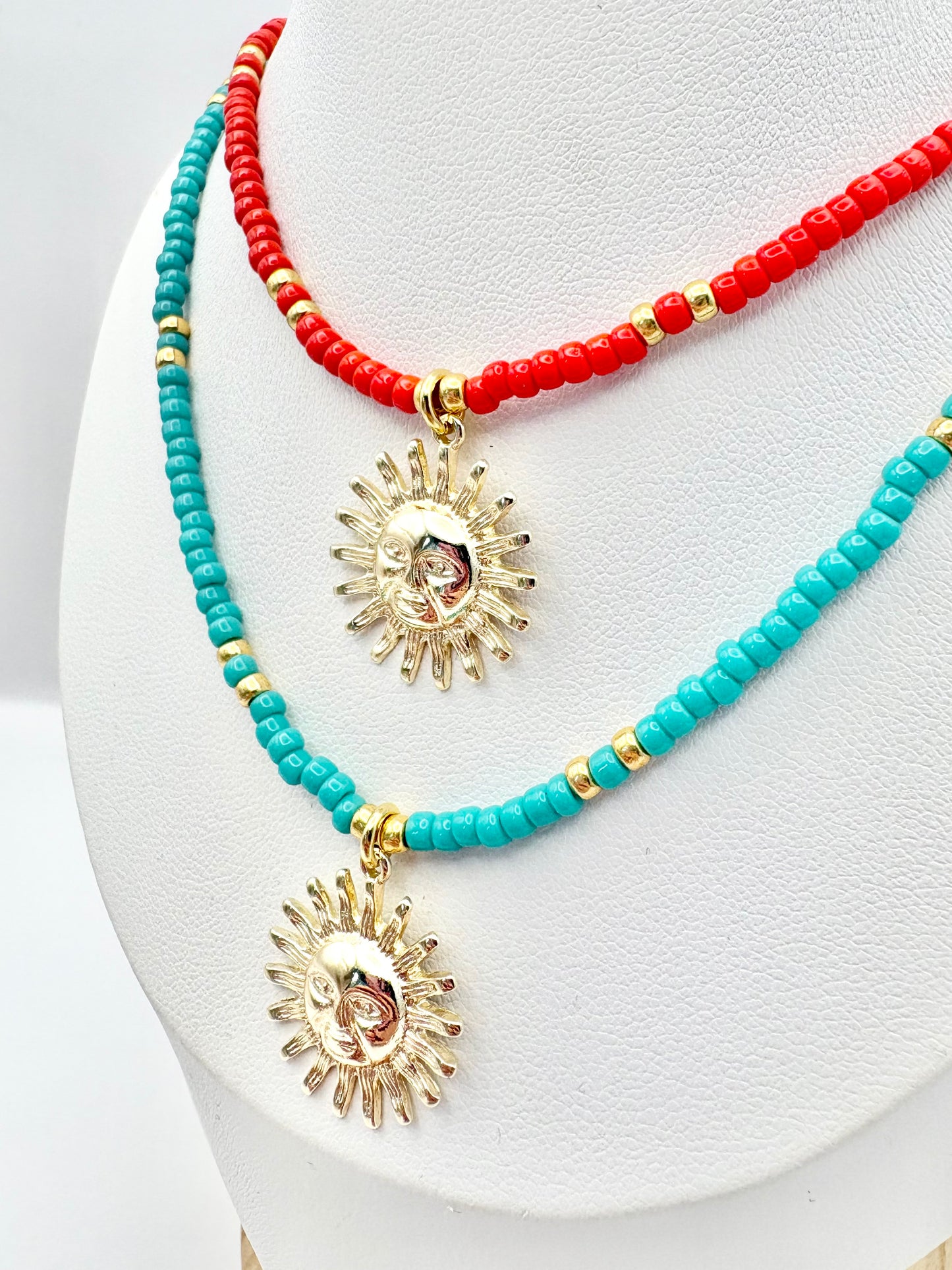 Seed Bead & Sunshine Pendant Necklace - Turquoise or Red