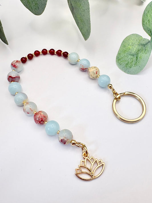Breathing Beads Keyring - Aqua Terra Jasper With Carnelian
