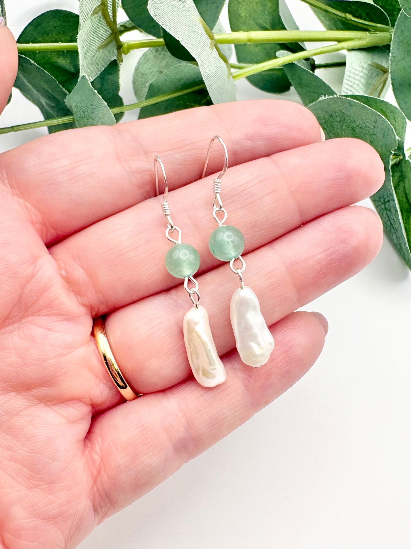 Freshwater Pearl and Green Aventurine Earrings – Sterling Silver