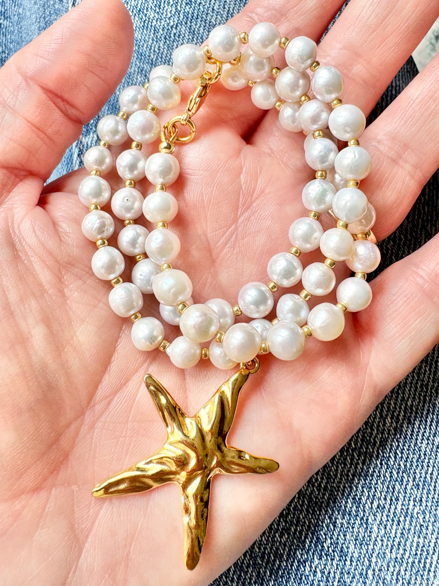 Starfish Charm Freshwater Pearl Necklace - Gold or Silver