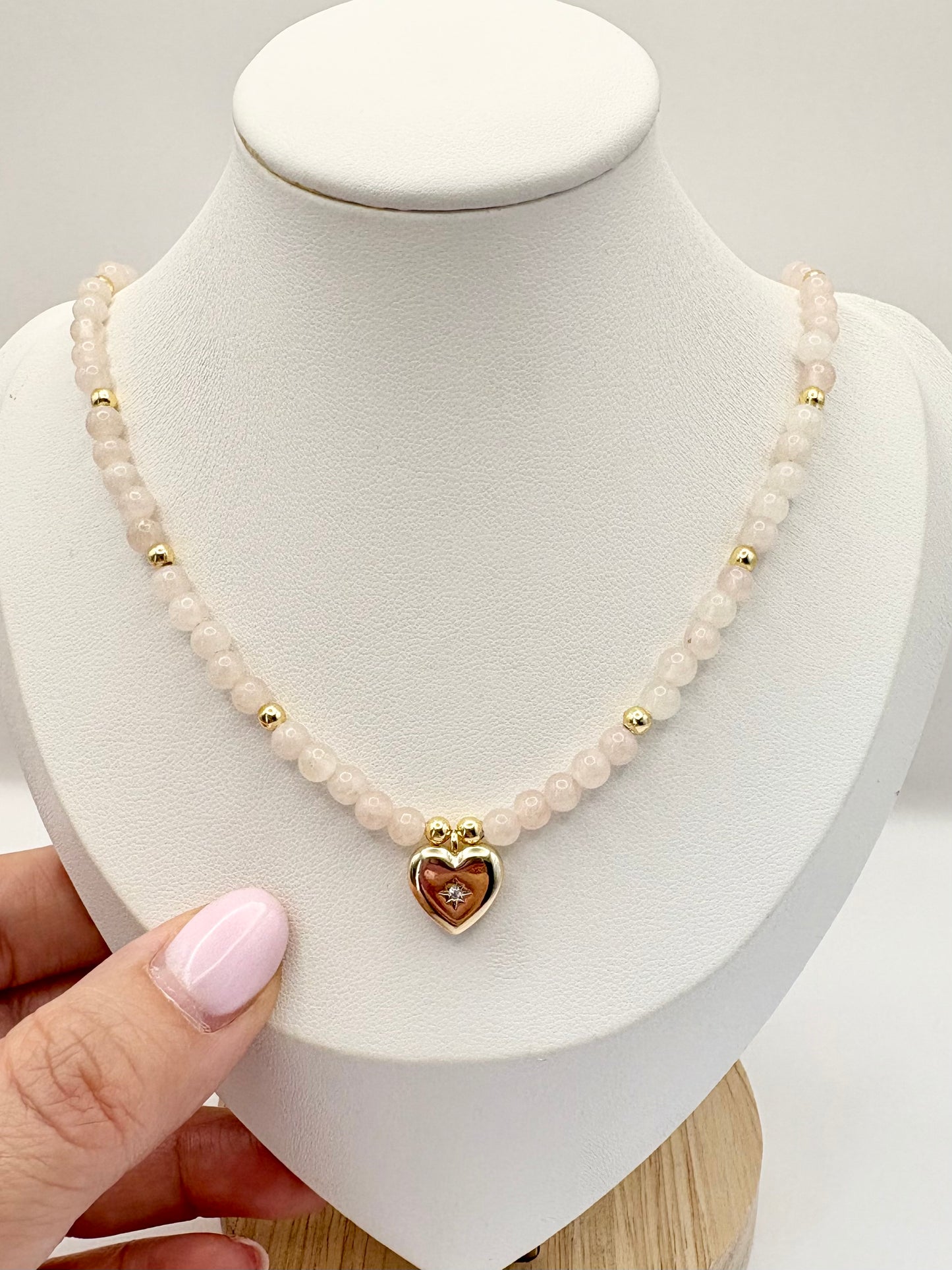 Rose Quartz Gemstone & Gold Heart Charm Necklace