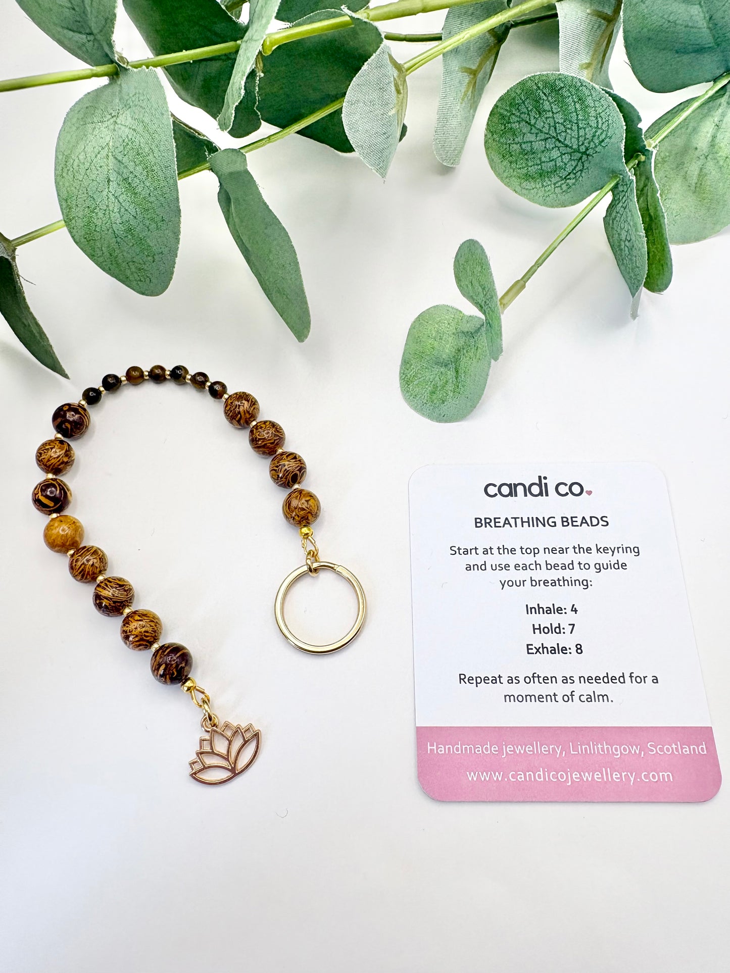 Breathing Beads Keyring - Brown Miriam Calligraphy With Tiger's Eye
