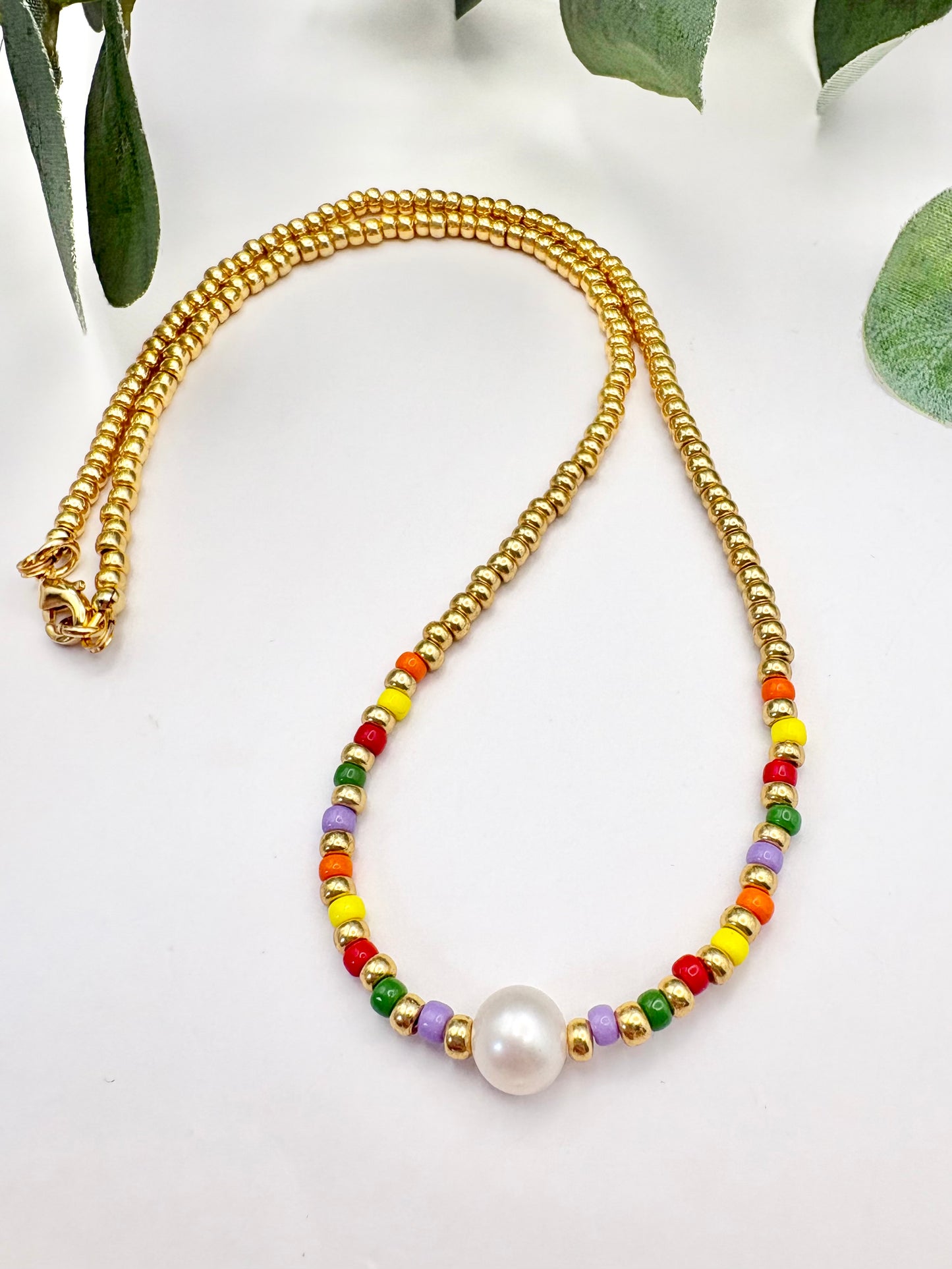 Colourful Seed Bead & Freshwater Pearl Necklace - Gold
