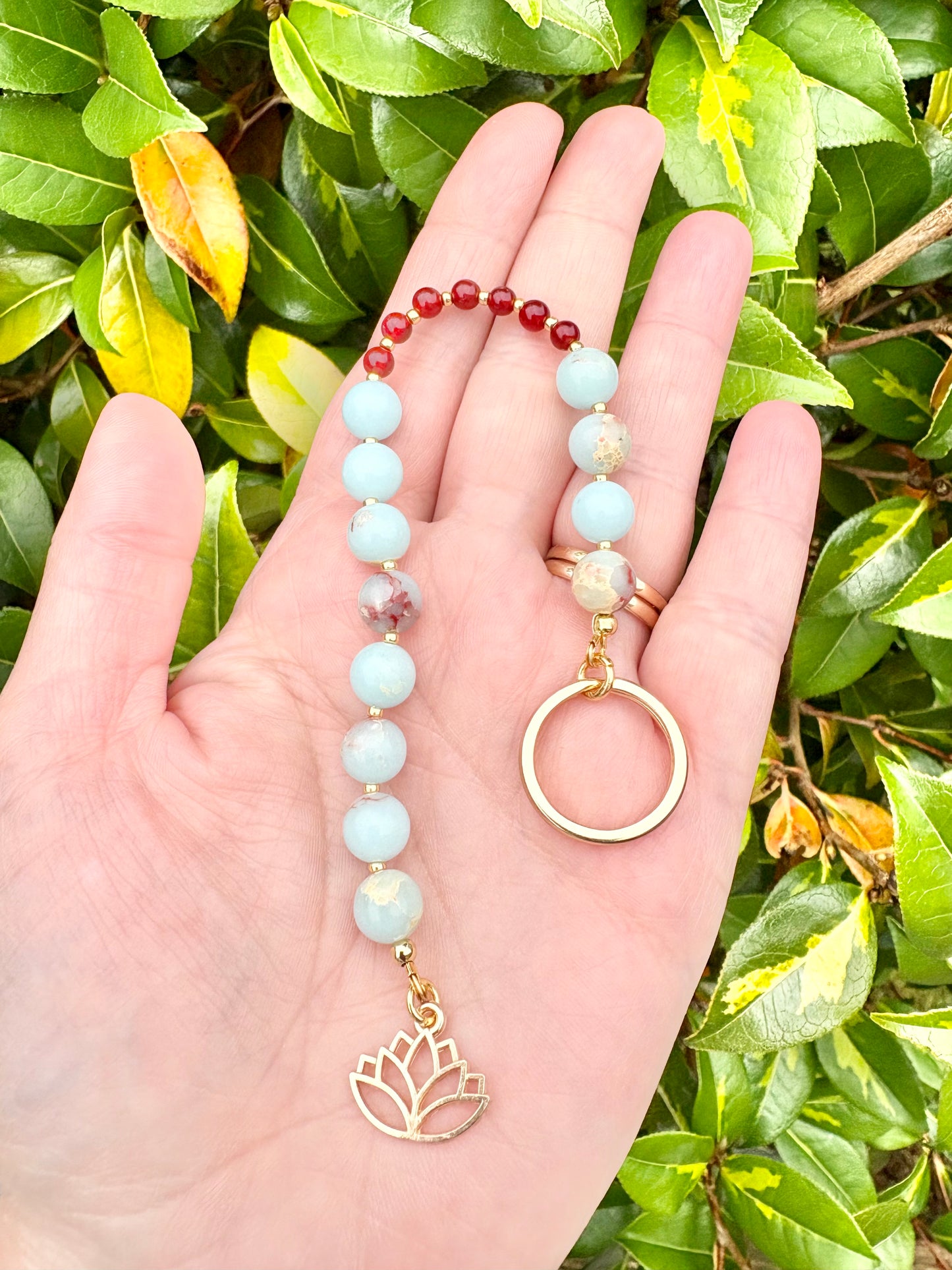 Breathing Beads Keyring - Aqua Terra Jasper With Carnelian