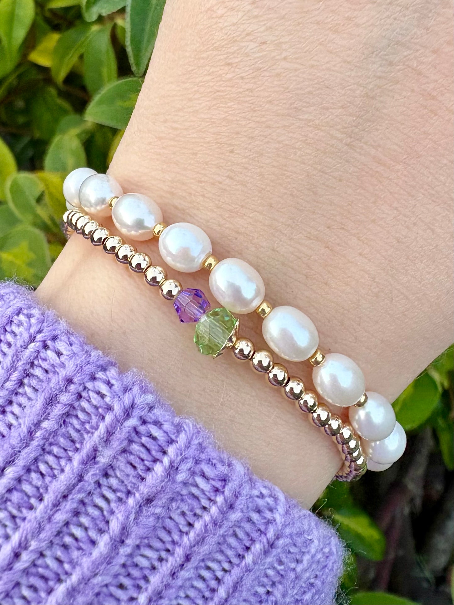 Thistle Dainty Beaded Stretch Bracelet - Sterling Silver or Gold-Filled