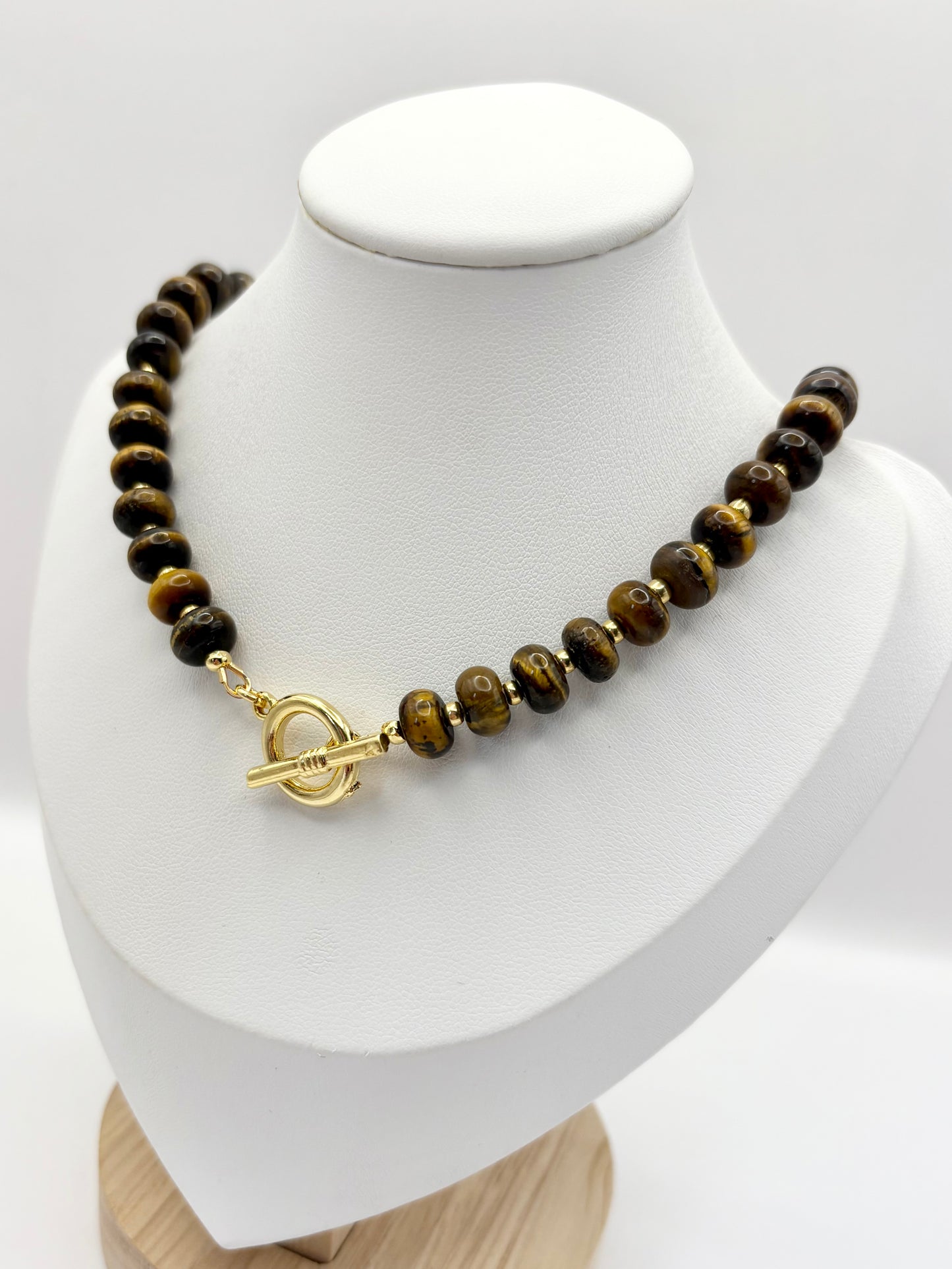Tiger's Eye Rondelle Beaded Gemstone Necklace With Toggle Clasp - Gold-Plated
