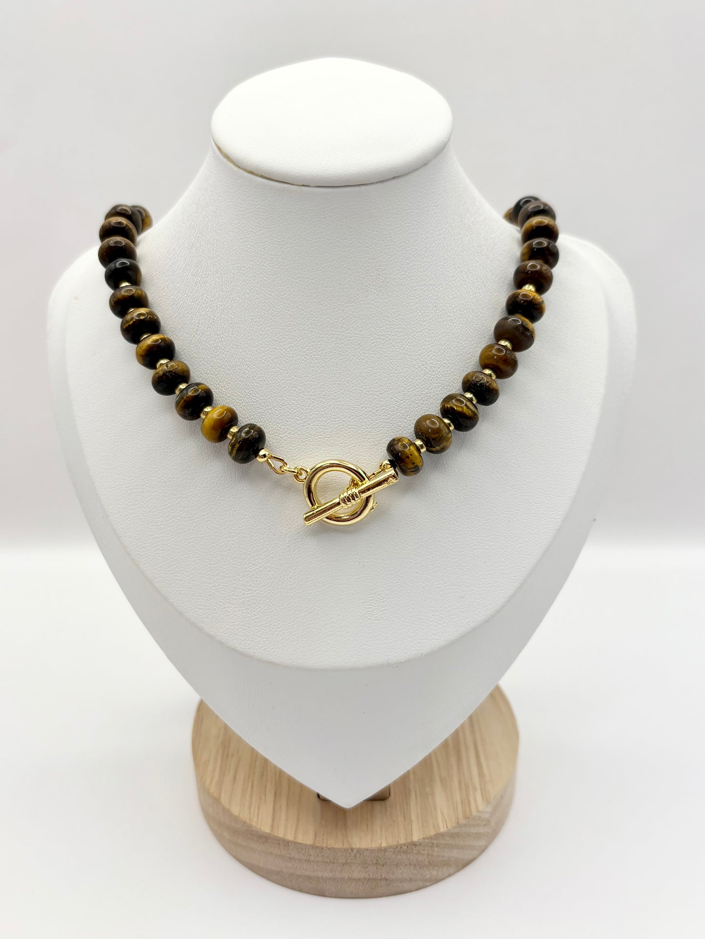 Tiger's Eye Rondelle Beaded Gemstone Necklace With Toggle Clasp - Gold-Plated