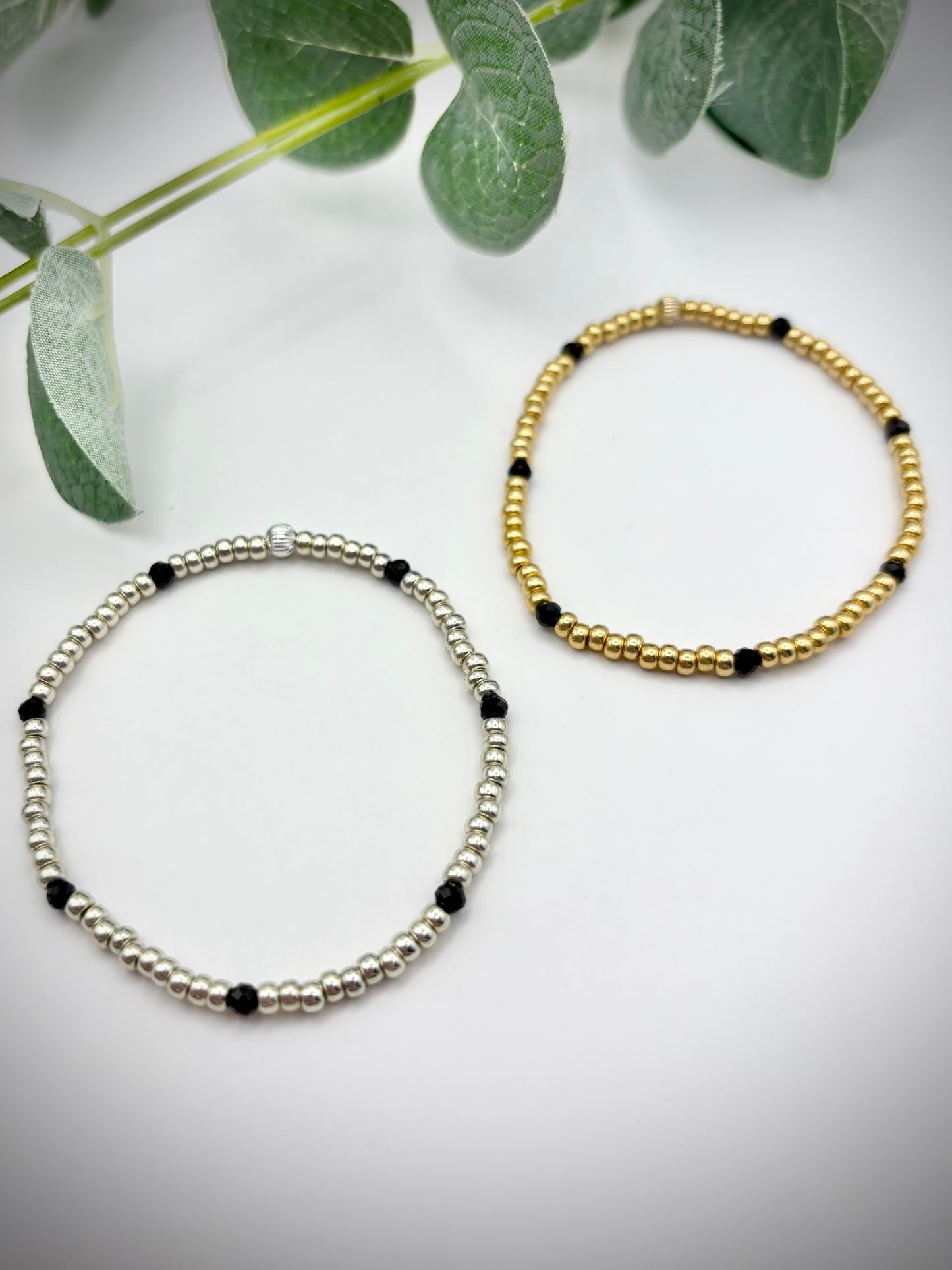 Seed Bead and Black Tourmaline Gemstone Bracelet - Gold or Silver