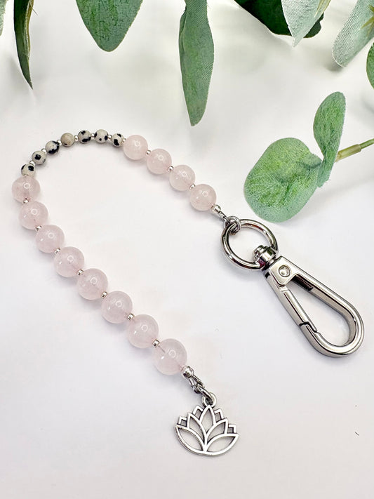 Breathing Beads Keyring - Rose Quartz With Dalmatian Jasper