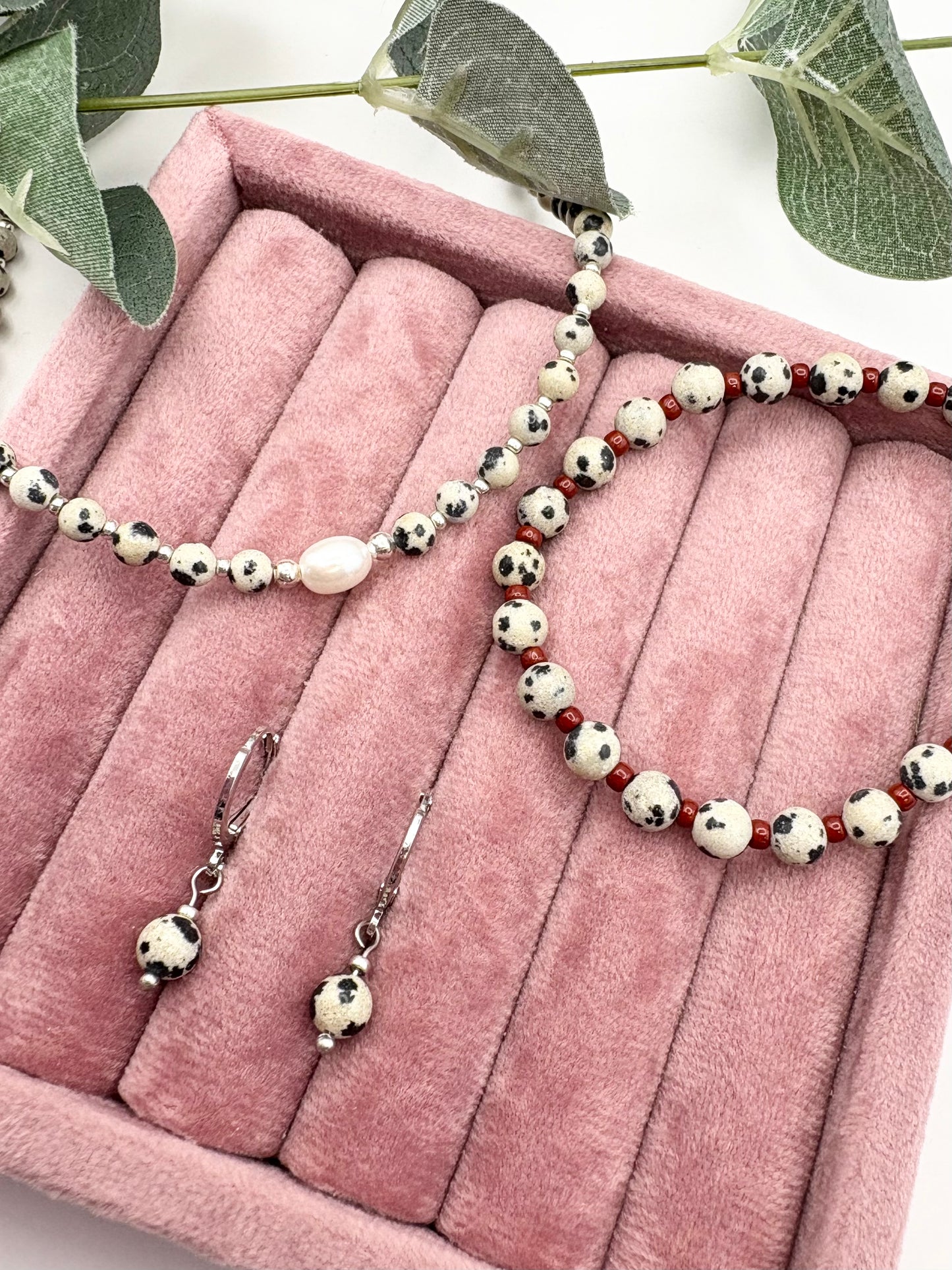 Dalmatian Jasper Gemstone and Burgundy Seed Beaded Bracelet