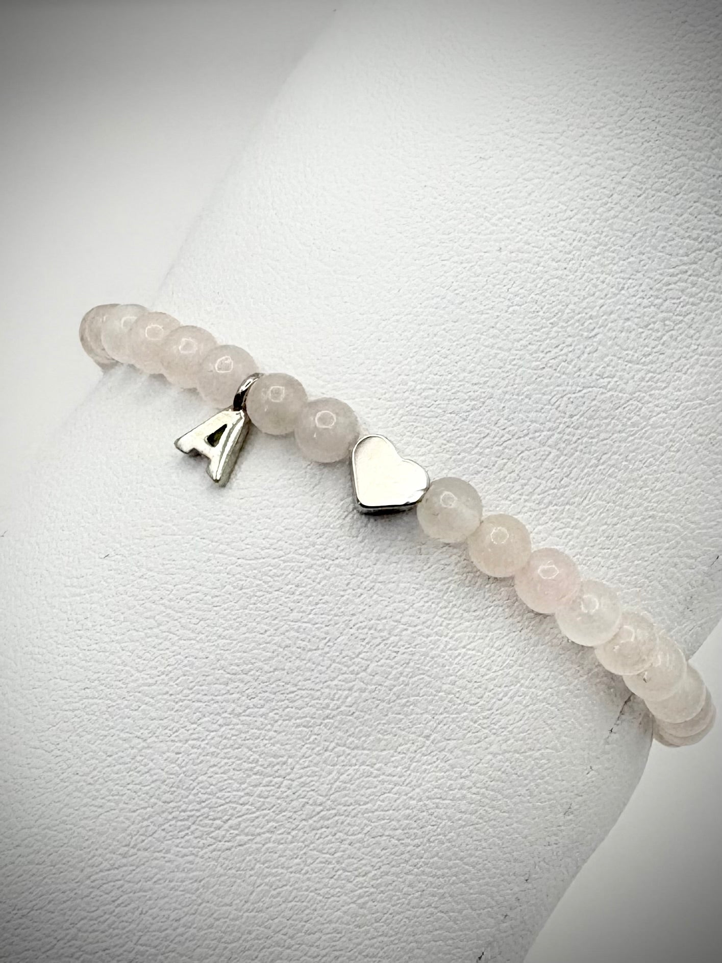 Handmade Rose Quartz Gemstone Bracelet with Initial and Heart Charm - Gold or Silver-Plated