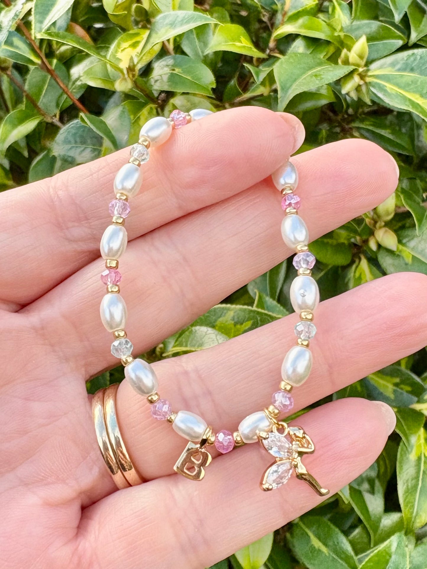 Personalised Glass Pearl & Crystal Fairy Bracelet Kids - Gold