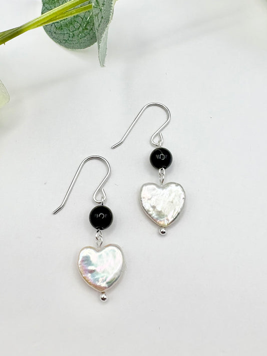 Handmade Freshwater Pearl Heart and Black Onyx Earrings – Sterling Silver