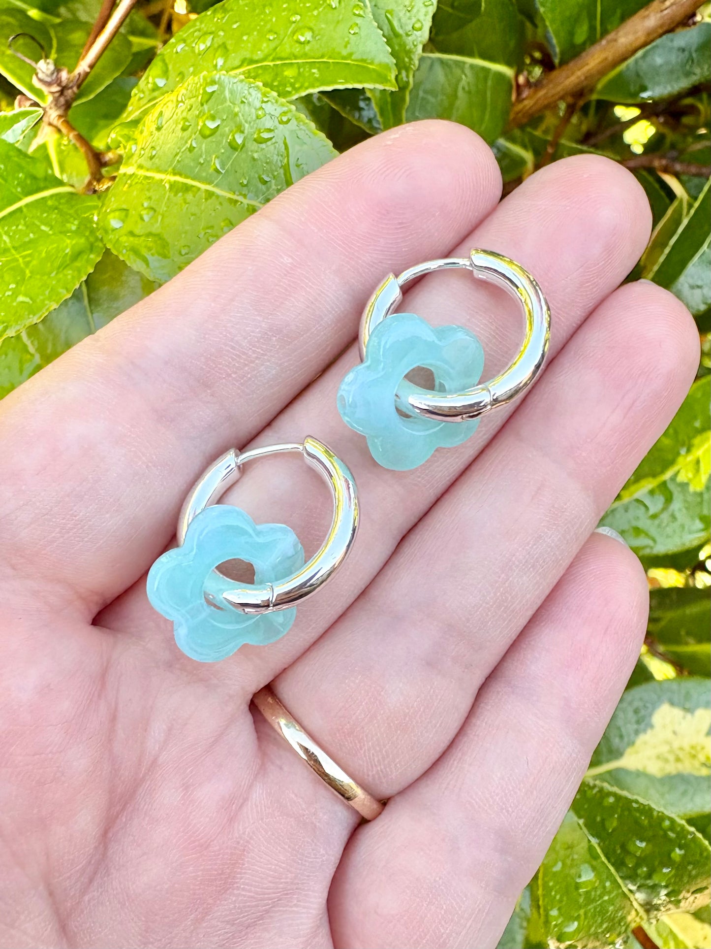 Turquoise & Silver Flower Charm Hoop Earrings SALE