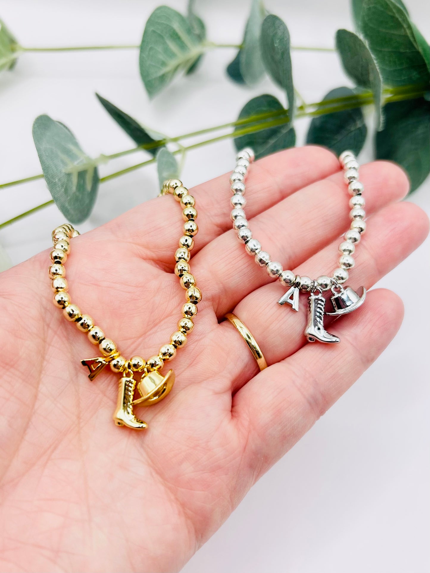 Western Beaded Initial Charm Bracelet - Gold or Silver-Plated