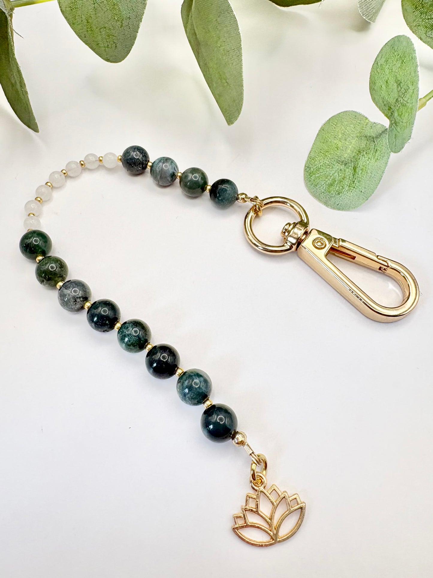 Breathing Beads Keyring - Green Moss Agate With White Jade