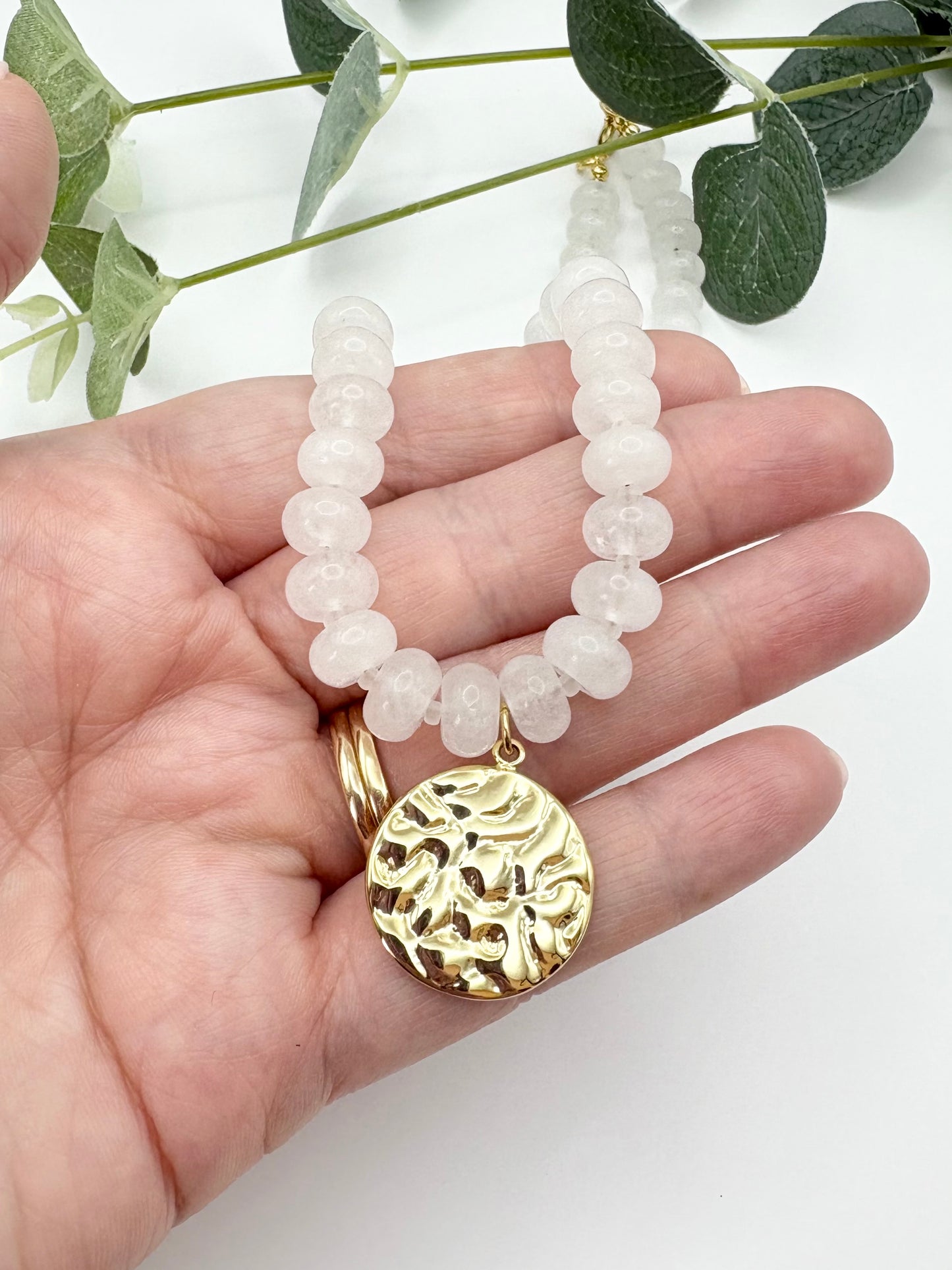 Cloudy Quartz Rondelle Gemstone Necklace With Disc Charm