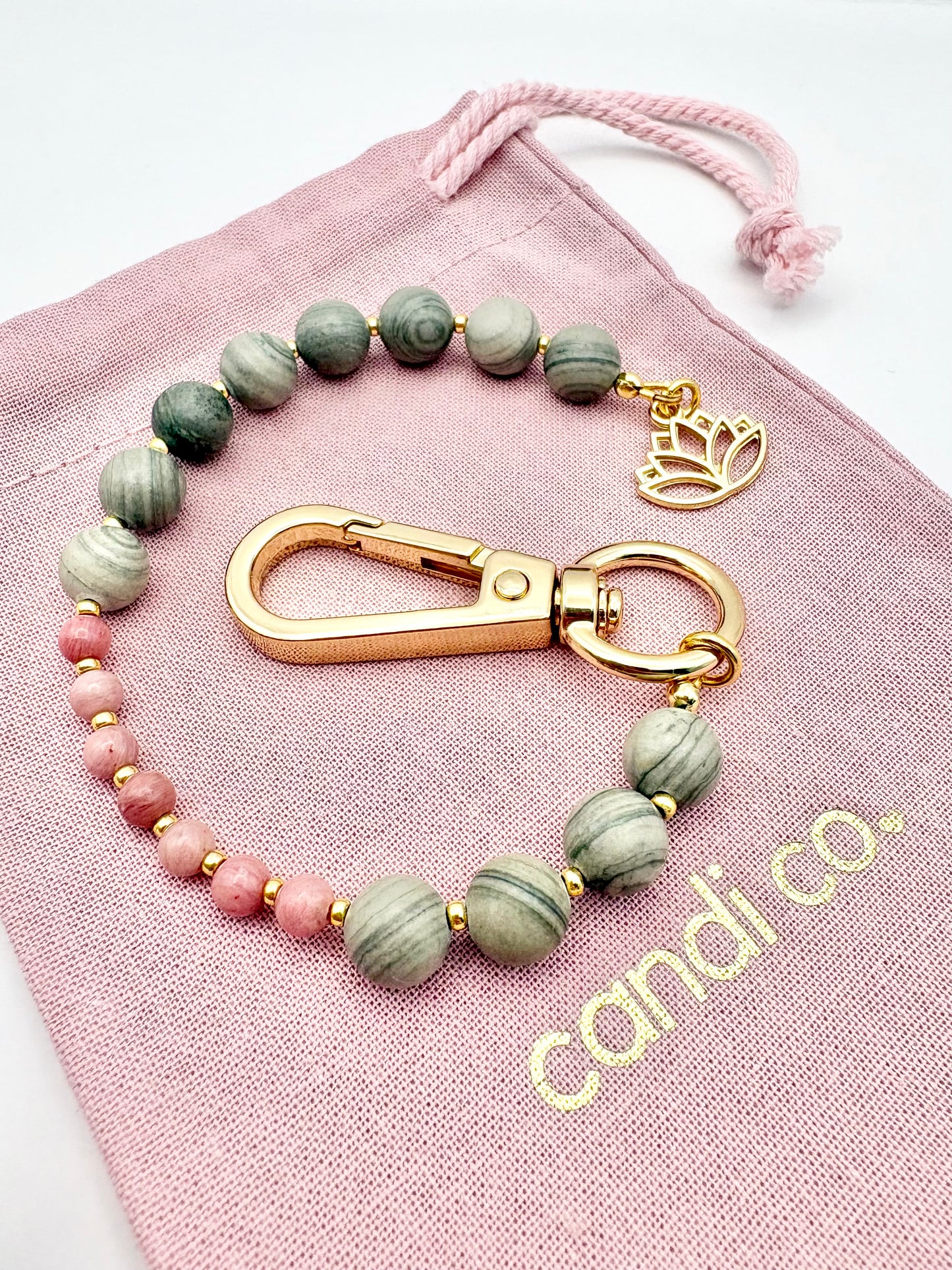 Breathing Beads Keyring - Grey Line Jasper With Rhodonite