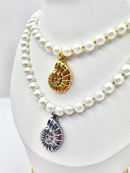 Seashell Charm & Glass Pearl Necklace