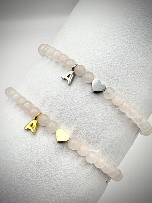 Handmade Rose Quartz Gemstone Bracelet with Initial and Heart Charm - Gold or Silver-Plated